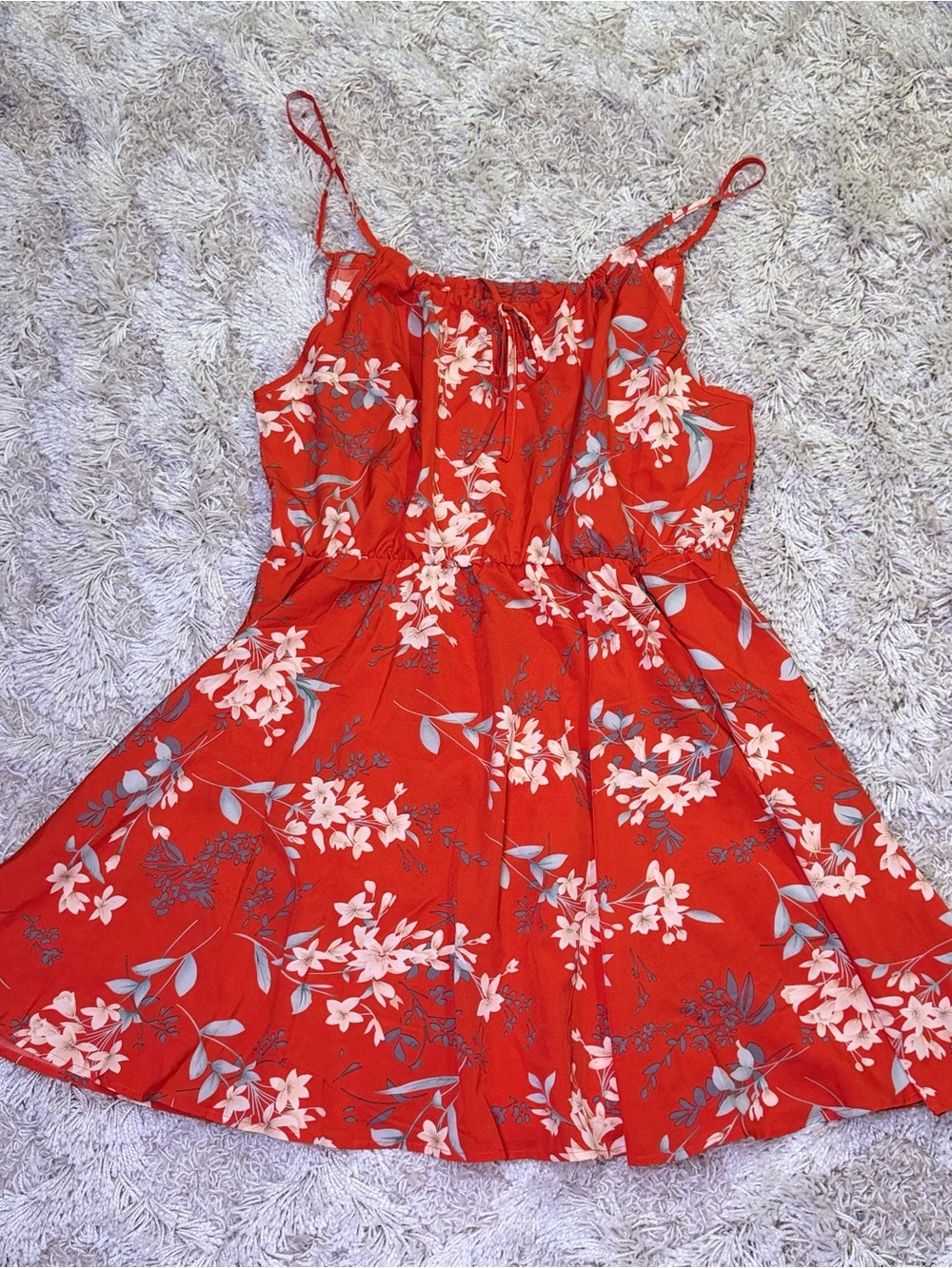 Red Floral Spaghetti Strap Fit Flare Sundress XXL Tie Neck Summer Dress